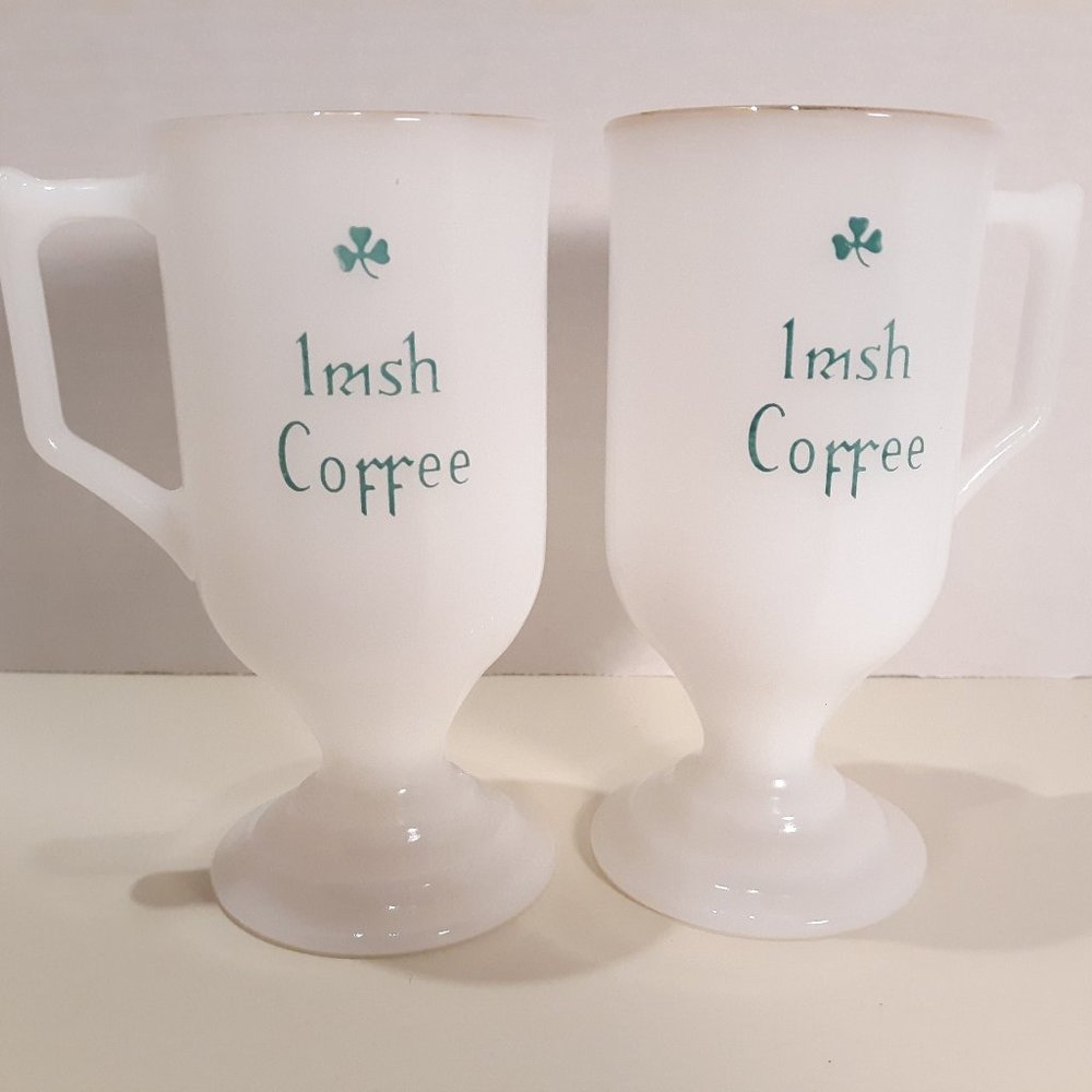 2 Vintage Milk Glass IRISH COFFEE Pedestal Mugs
